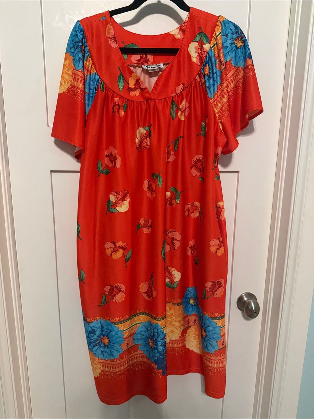 Vintage Anthony Richards Red Floral House Dress with Blue and Yellow Accents